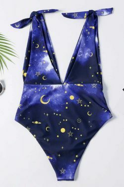 Galaxy Print Tie Shoulder Swimsuit - Y2K Fashion - Coquette Aesthetic - Gr