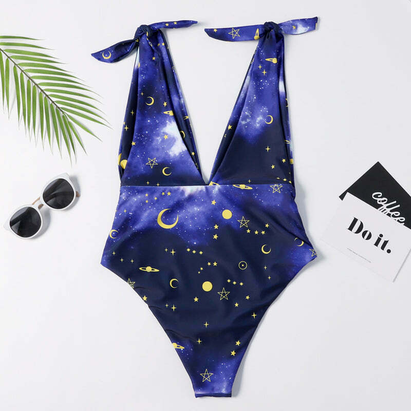Galaxy Print Tie Shoulder Swimsuit - Y2K Fashion - Coquette Aesthetic - Gr