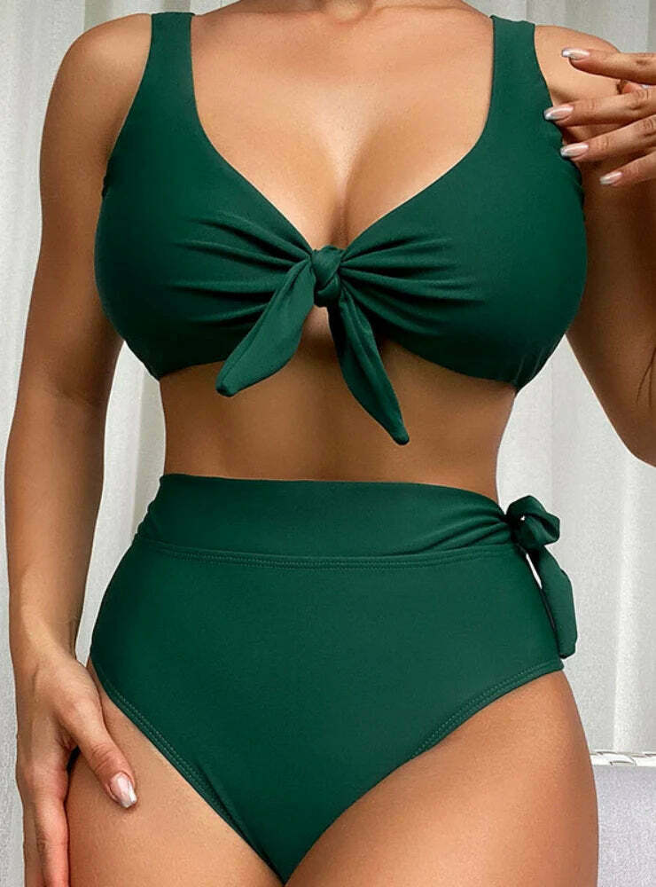 Gathered High Waist Swimsuit in Solid Color for Y2K Fashion Enthusiasts
