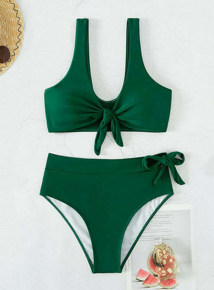 Gathered High Waist Swimsuit in Solid Color for Y2K Fashion Enthusiasts
