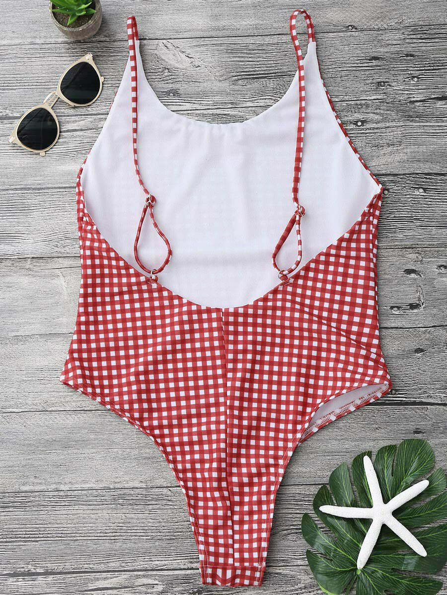 Gingham Open Back One Piece Swimsuit - Y2K Fashion Swimwear for Women