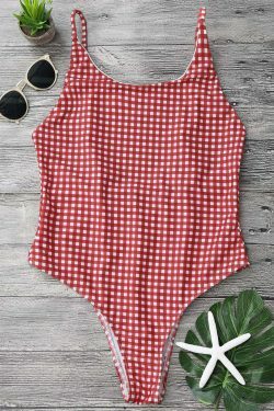 Gingham Open Back One Piece Swimsuit - Y2K Fashion Swimwear for Women