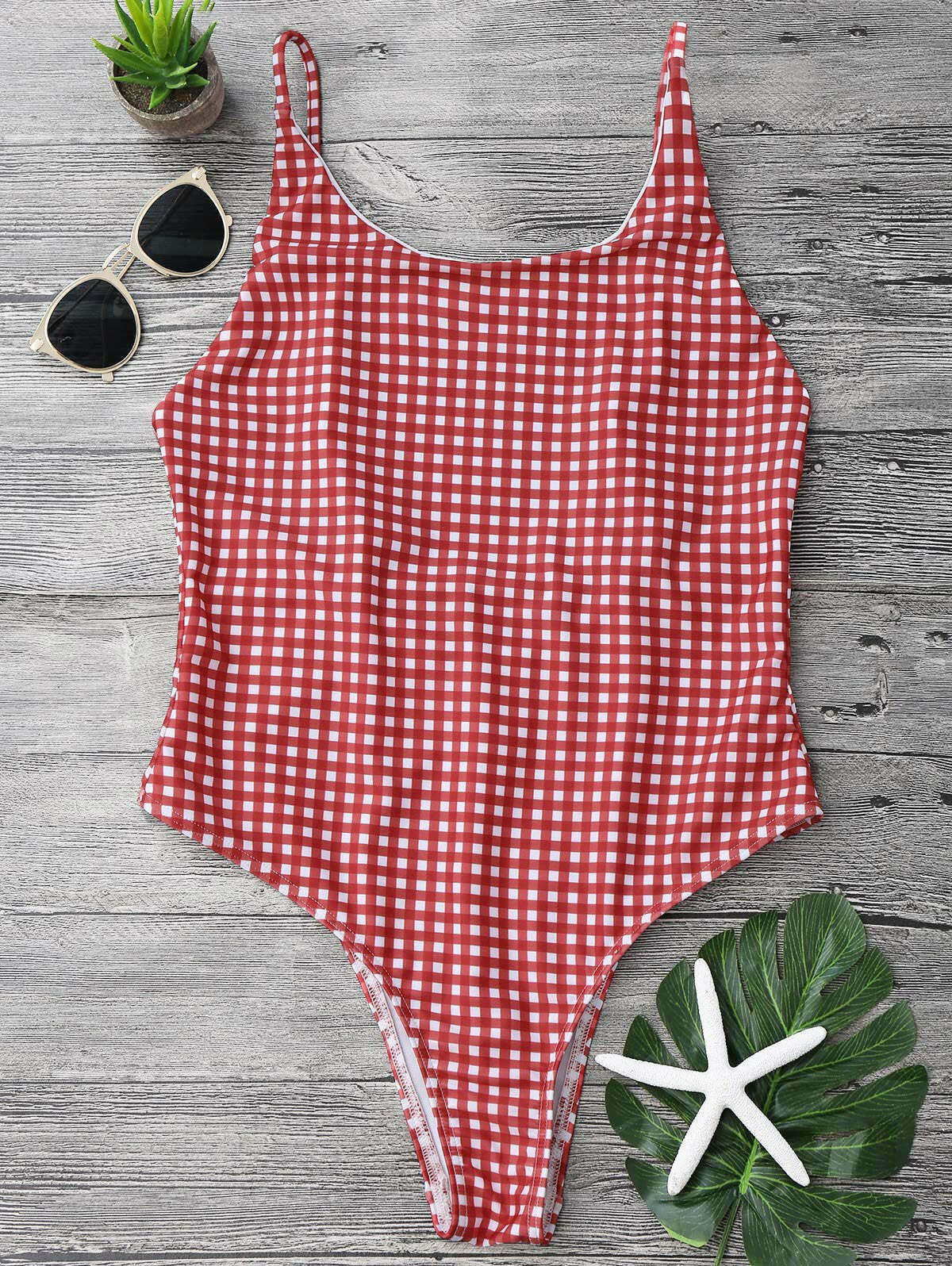 Gingham Open Back One Piece Swimsuit - Y2K Fashion Swimwear for Women