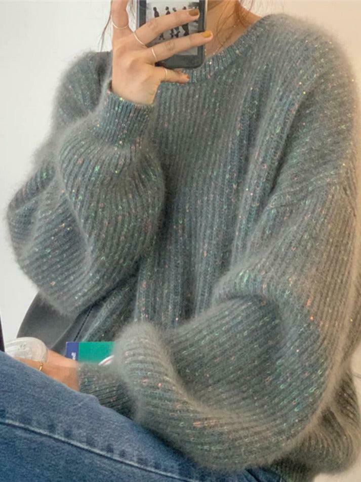 Glittering Lantern Sleeve Crew Neck Sweater - Y2K Fashion Coquette Aesthetic Grunge Style Glittering Lantern Sleeve Crew Neck Sweater - Y2K Fashion Coquette Aesthetic Grunge Style