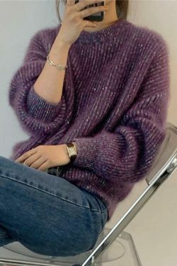 Glittering Lantern Sleeve Crew Neck Sweater - Y2K Fashion Coquette Aesthetic Grunge Style