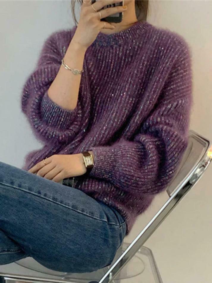 Glittering Lantern Sleeve Crew Neck Sweater - Y2K Fashion Coquette Aesthetic Grunge Style Glittering Lantern Sleeve Crew Neck Sweater - Y2K Fashion Coquette Aesthetic Grunge Style