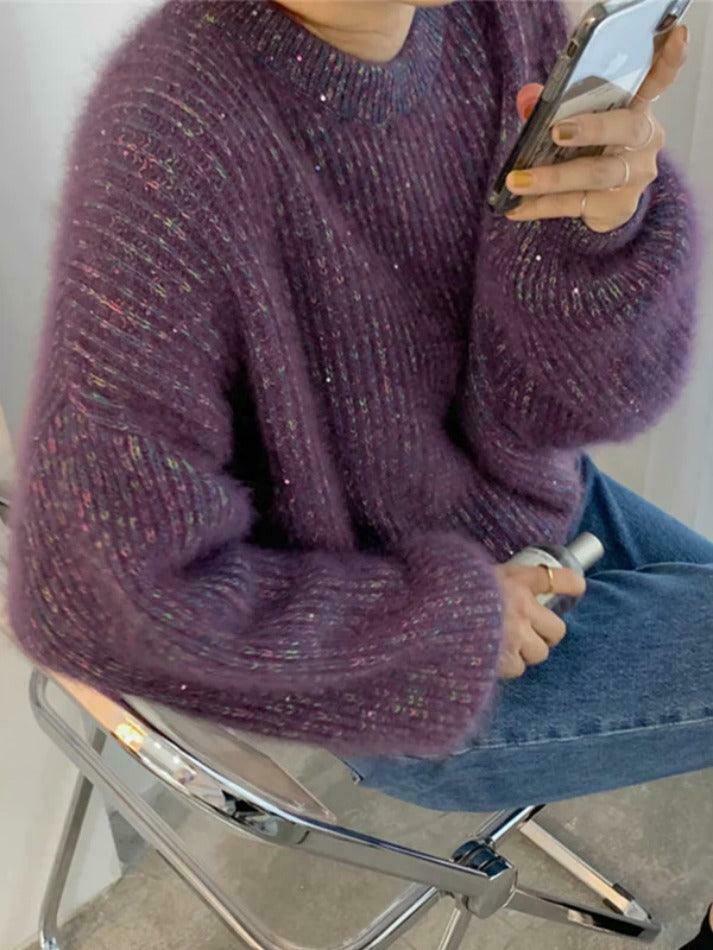 Glittering Lantern Sleeve Crew Neck Sweater - Y2K Fashion Coquette Aesthetic Grunge Style Glittering Lantern Sleeve Crew Neck Sweater - Y2K Fashion Coquette Aesthetic Grunge Style