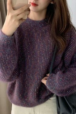 Glittering Lantern Sleeve Crew Neck Sweater - Y2K Fashion Coquette Aesthetic Grunge Style