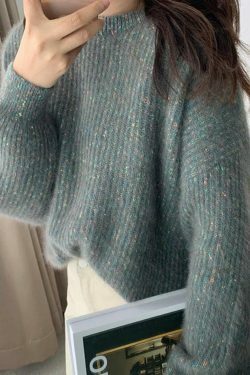 Glittering Lantern Sleeve Crew Neck Sweater - Y2K Fashion Coquette Aesthetic Grunge Style