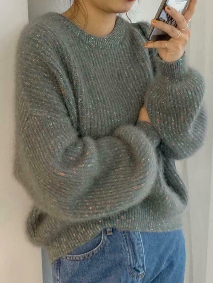 Glittering Lantern Sleeve Crew Neck Sweater - Y2K Fashion Coquette Aesthetic Grunge Style Glittering Lantern Sleeve Crew Neck Sweater - Y2K Fashion Coquette Aesthetic Grunge Style