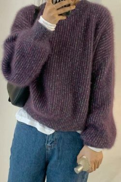 Glittering Lantern Sleeve Crew Neck Sweater - Y2K Fashion Coquette Aesthetic Grunge Style