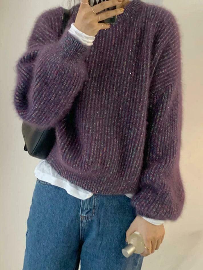 Glittering Lantern Sleeve Crew Neck Sweater - Y2K Fashion Coquette Aesthetic Grunge Style Glittering Lantern Sleeve Crew Neck Sweater - Y2K Fashion Coquette Aesthetic Grunge Style
