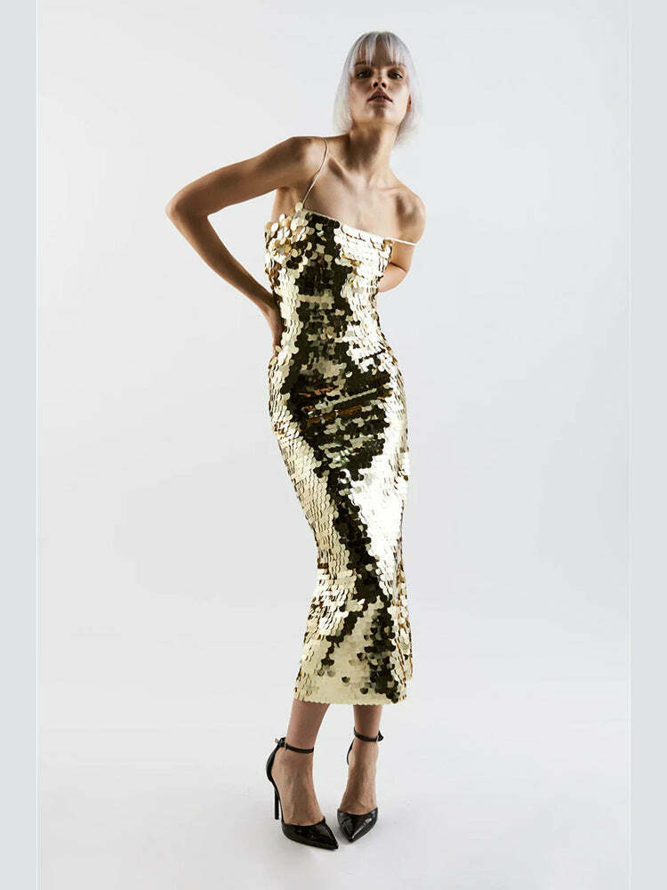 Glittering Tube Top Gold Backless Maxi Dress - Y2K Fashion Statement for Women