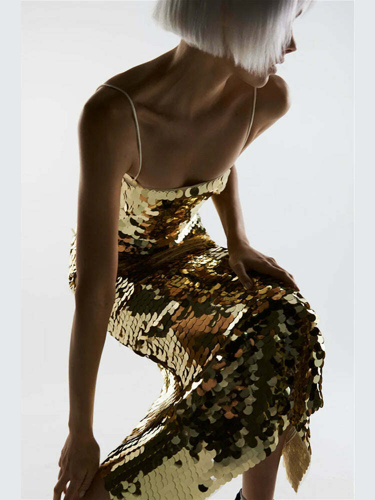 Glittering Tube Top Gold Backless Maxi Dress - Y2K Fashion Statement for Women