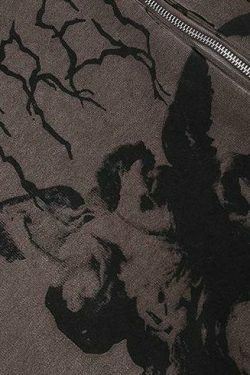 Gothic Angel Zip Up Hoodie in Garment-Dyed Y2K Aesthetic - Coquette Style with Grunge Vibes