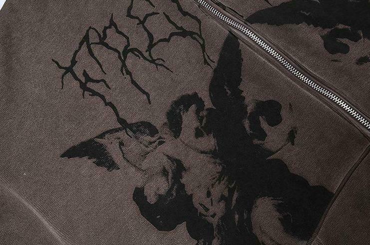Gothic Angel Zip Up Hoodie in Garment-Dyed Y2K Aesthetic - Coquette Style with Grunge Vibes Gothic Angel Zip Up Hoodie in Garment-Dyed Y2K Aesthetic - Coquette Style with Grunge Vibes