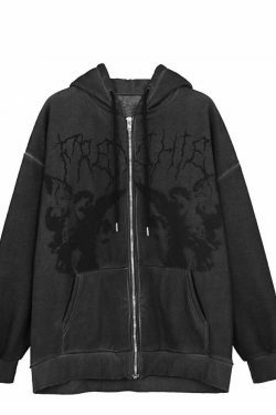 Gothic Angel Zip Up Hoodie in Garment-Dyed Y2K Aesthetic - Coquette Style with Grunge Vibes