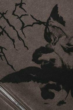Gothic Angel Zip Up Hoodie in Garment-Dyed Y2K Aesthetic - Coquette Style with Grunge Vibes