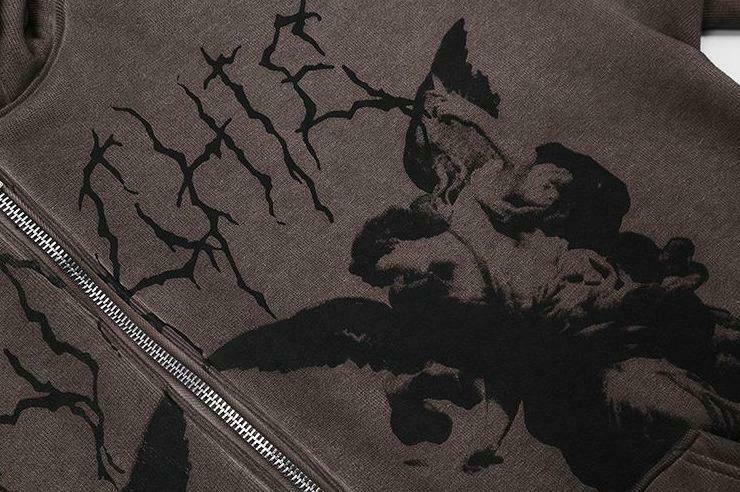 Gothic Angel Zip Up Hoodie in Garment-Dyed Y2K Aesthetic - Coquette Style with Grunge Vibes Gothic Angel Zip Up Hoodie in Garment-Dyed Y2K Aesthetic - Coquette Style with Grunge Vibes