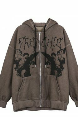 Gothic Angel Zip Up Hoodie in Garment-Dyed Y2K Aesthetic - Coquette Style with Grunge Vibes