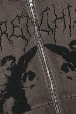Gothic Angel Zip Up Hoodie in Garment-Dyed Y2K Aesthetic - Coquette Style with Grunge Vibes