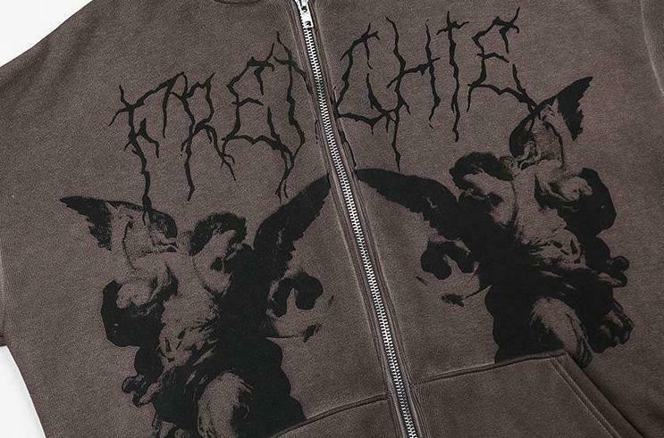 Gothic Angel Zip Up Hoodie in Garment-Dyed Y2K Aesthetic - Coquette Style with Grunge Vibes Gothic Angel Zip Up Hoodie in Garment-Dyed Y2K Aesthetic - Coquette Style with Grunge Vibes
