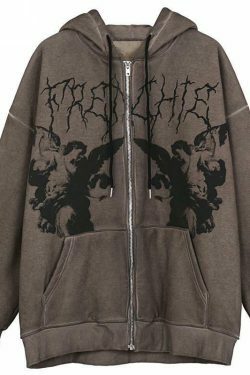 Gothic Angel Zip Up Hoodie in Garment-Dyed Y2K Aesthetic - Coquette Style with Grunge Vibes