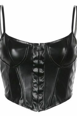 Gothic Coquette Aesthetic Leather Cami Top with Corset Detail
