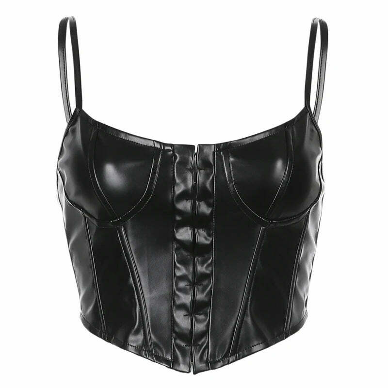 Gothic Coquette Aesthetic Leather Cami Top with Corset Detail