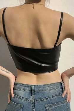 Gothic Coquette Aesthetic Leather Cami Top with Corset Detail