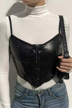 Gothic Coquette Aesthetic Leather Cami Top with Corset Detail