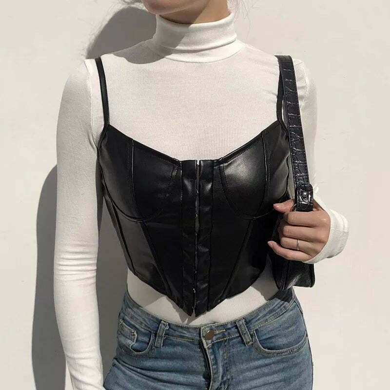 Gothic Coquette Aesthetic Leather Cami Top with Corset Detail