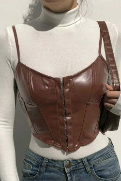 Gothic Coquette Aesthetic Leather Cami Top with Corset Detail