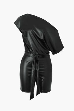 Gothic Coquette Aesthetic One-Shoulder Faux Leather Romper