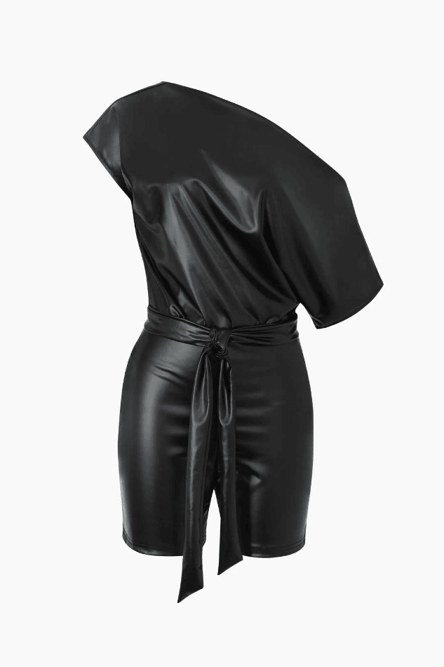 Gothic Coquette Aesthetic One-Shoulder Faux Leather Romper Gothic Coquette Aesthetic One-Shoulder Faux Leather Romper