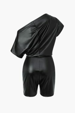 Gothic Coquette Aesthetic One-Shoulder Faux Leather Romper