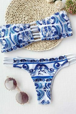 Gothic Porcelain Print Cutout Bandeau Bikini Set - Vintage-inspired Y2K Fashion Swimwear