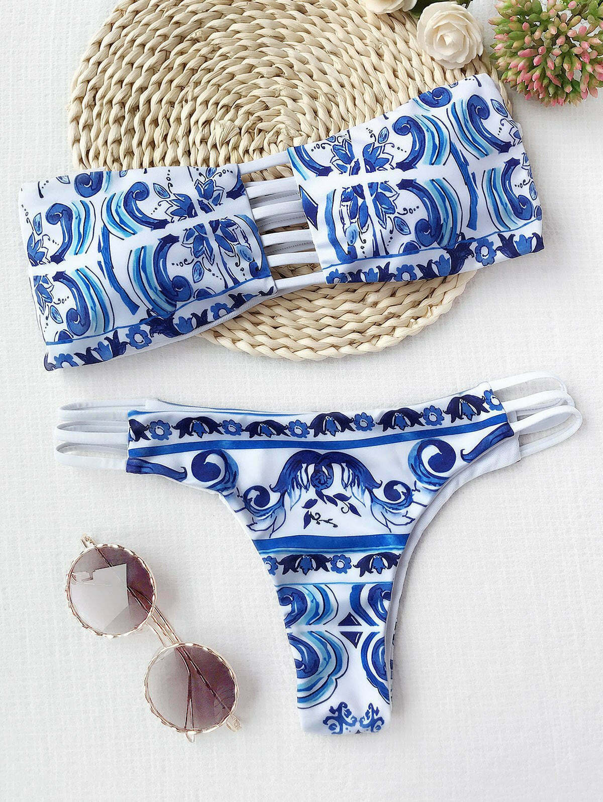 Gothic Porcelain Print Cutout Bandeau Bikini Set - Vintage-inspired Y2K Fashion Swimwear