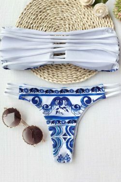 Gothic Porcelain Print Cutout Bandeau Bikini Set - Vintage-inspired Y2K Fashion Swimwear