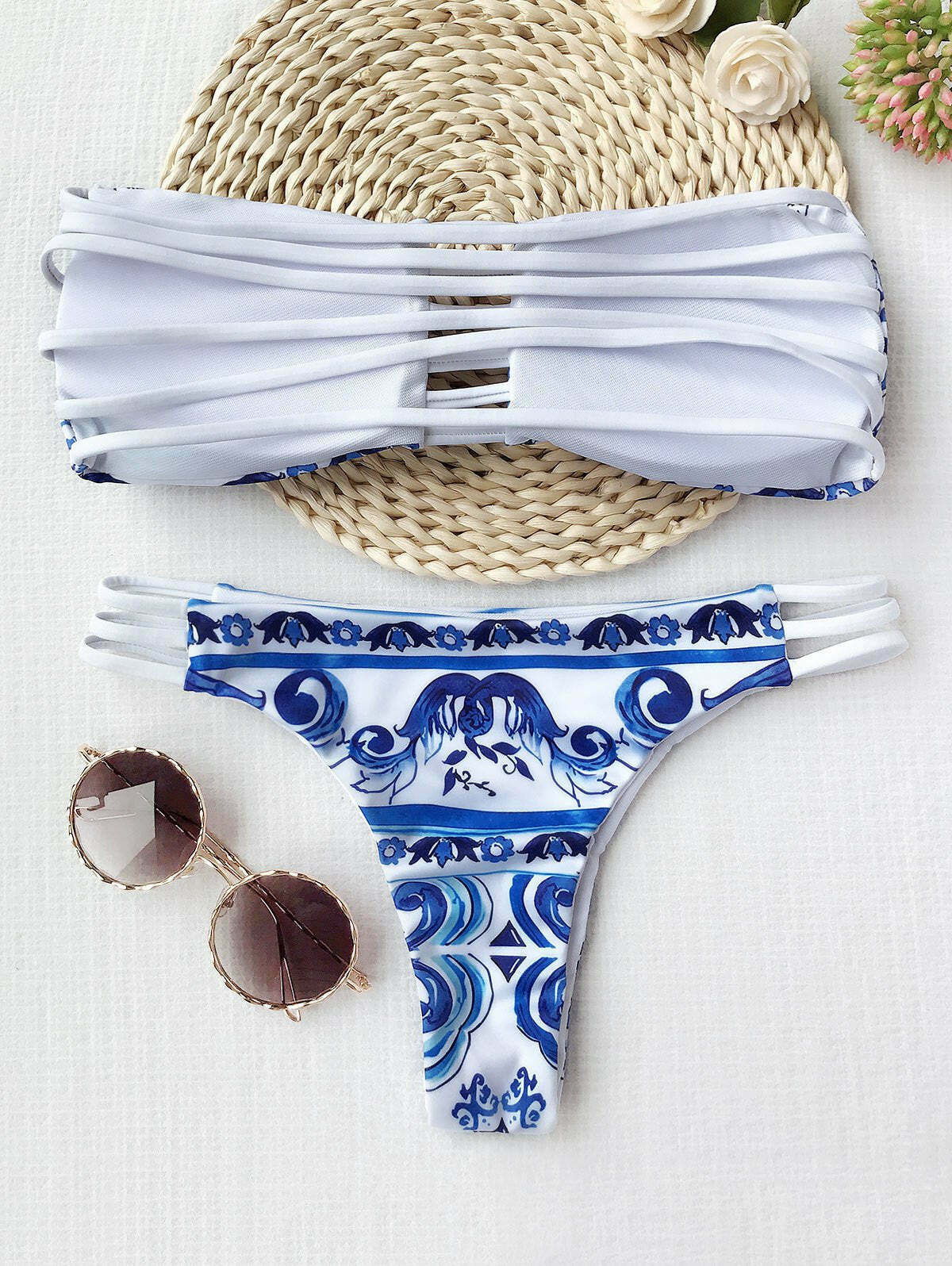 Gothic Porcelain Print Cutout Bandeau Bikini Set - Vintage-inspired Y2K Fashion Swimwear