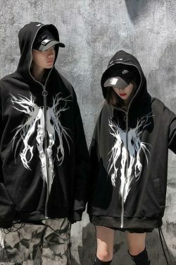 Gothic Print Full Zip Hoodie - Y2K Aesthetic Coquette Style - Grunge Fashion Statement