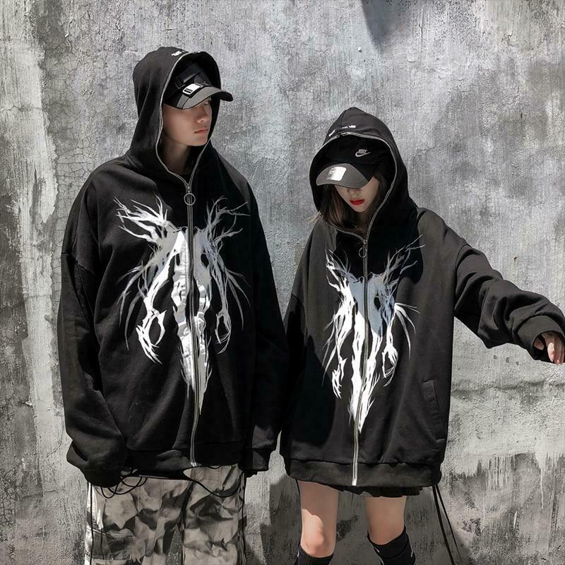 Gothic Print Full Zip Hoodie - Y2K Aesthetic Coquette Style - Grunge Fashion Statement Gothic Print Full Zip Hoodie - Y2K Aesthetic Coquette Style - Grunge Fashion Statement
