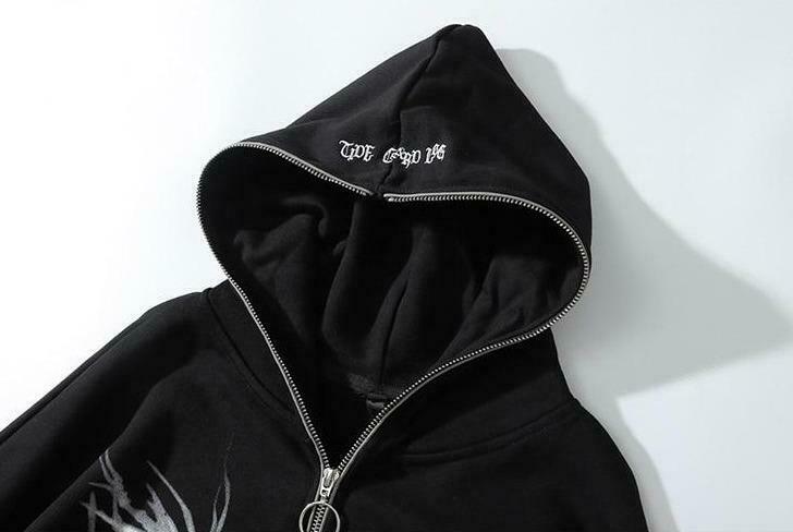 Gothic Print Full Zip Hoodie - Y2K Aesthetic Coquette Style - Grunge Fashion Statement Gothic Print Full Zip Hoodie - Y2K Aesthetic Coquette Style - Grunge Fashion Statement