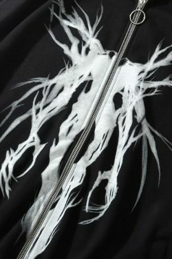 Gothic Print Full Zip Hoodie - Y2K Aesthetic Coquette Style - Grunge Fashion Statement