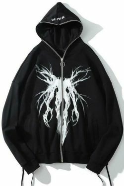 Gothic Print Full Zip Hoodie - Y2K Aesthetic Coquette Style - Grunge Fashion Statement