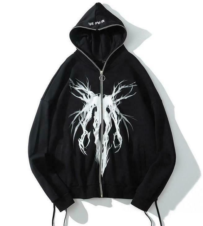 Gothic Print Full Zip Hoodie - Y2K Aesthetic Coquette Style - Grunge Fashion Statement Gothic Print Full Zip Hoodie - Y2K Aesthetic Coquette Style - Grunge Fashion Statement