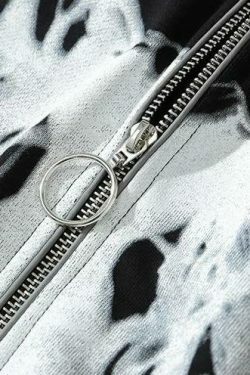 Gothic Print Full Zip Hoodie - Y2K Aesthetic Coquette Style - Grunge Fashion Statement