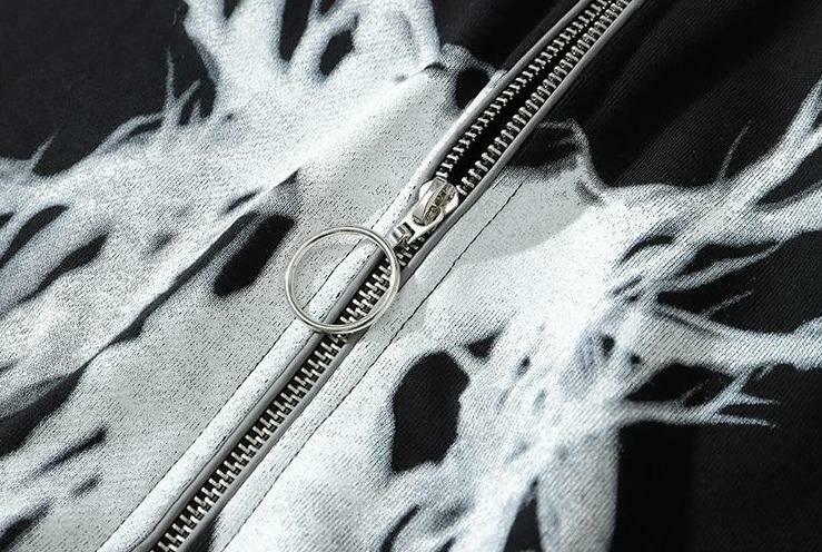 Gothic Print Full Zip Hoodie - Y2K Aesthetic Coquette Style - Grunge Fashion Statement Gothic Print Full Zip Hoodie - Y2K Aesthetic Coquette Style - Grunge Fashion Statement