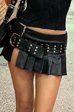 Gothic Punk Rivet Belted Leather Mini Skirt with Pleated Slit