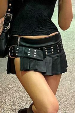 Gothic Punk Rivet Belted Leather Mini Skirt with Pleated Slit